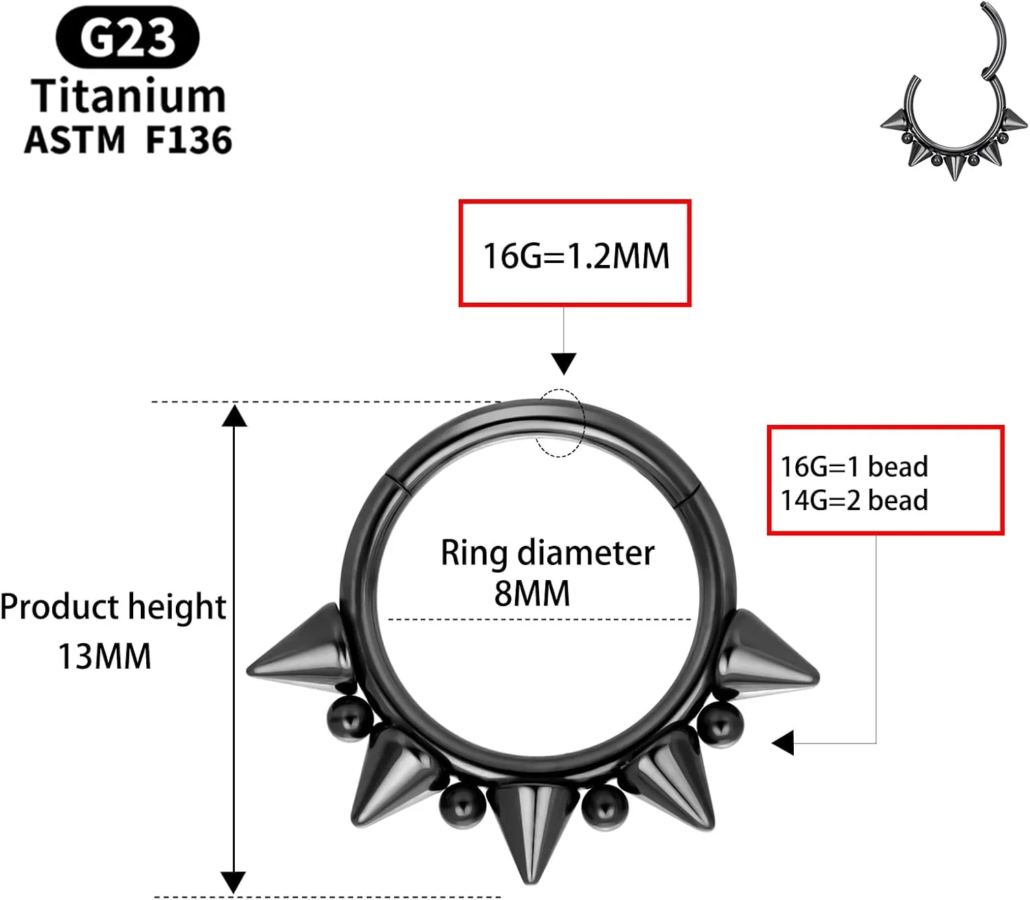 14G 16G Septum Jewelry G23 Titanium Septum Rings Spiked Cartilage Helix Earrings Hinged Segment Seamless Clicker Nose Rings Daith Piercing Jewelry