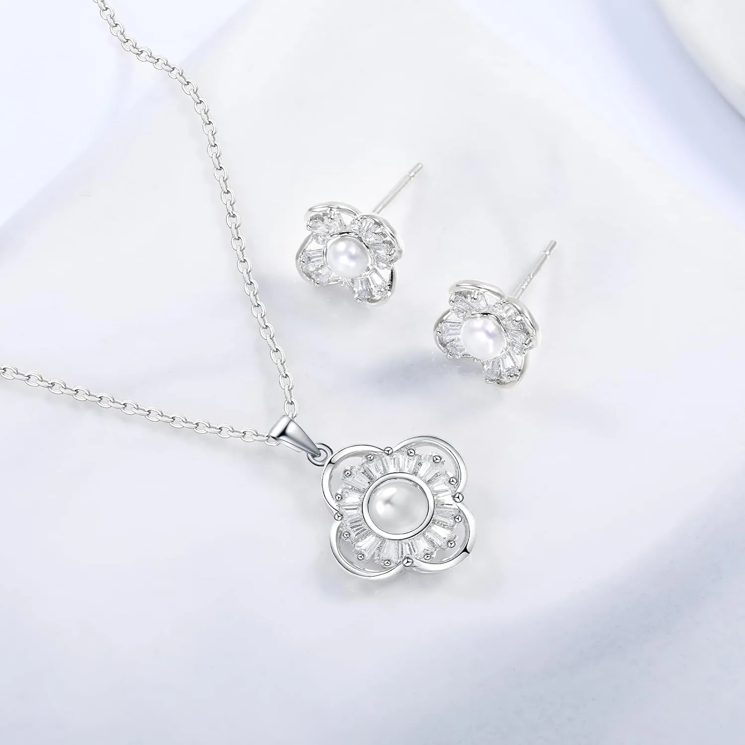14K Gold Plated | 14K Platinum Plated Necklace for Women Necklace Earrings Set with Sparkling Zircon Inlay and Silver Post Earrings