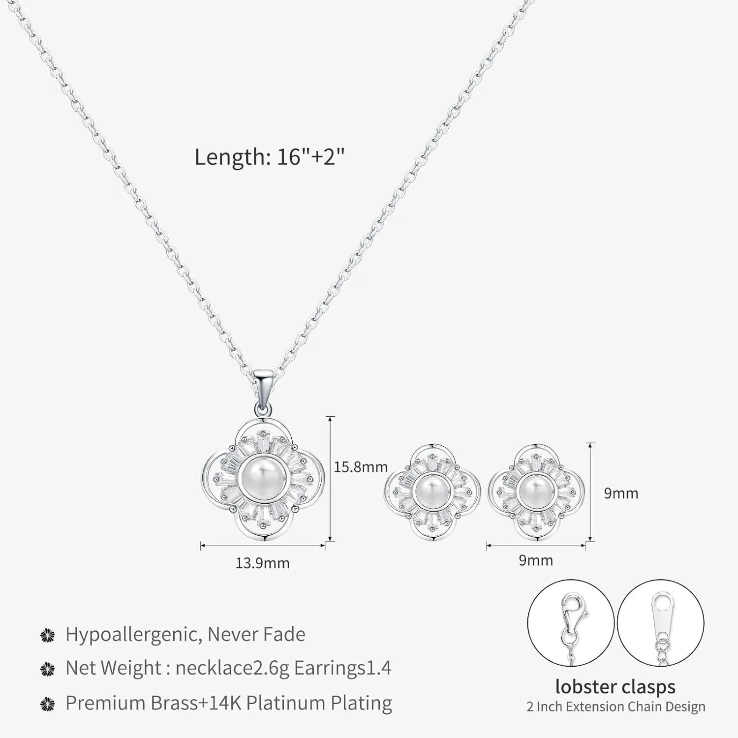 14K Gold Plated | 14K Platinum Plated Necklace for Women Necklace Earrings Set with Sparkling Zircon Inlay and Silver Post Earrings