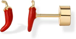 14K Gold Plated Enamel Flatback Stud Earrings for Women Cute Chili Pepper Strawberry Peach Cherry Small Earrings Dainty Fruits Cartilage Tragus Screwback Piercing Jewelry