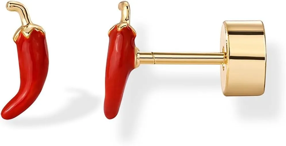 14K Gold Plated Enamel Flatback Stud Earrings for Women Cute Chili Pepper Strawberry Peach Cherry Small Earrings Dainty Fruits Cartilage Tragus Screwback Piercing Jewelry