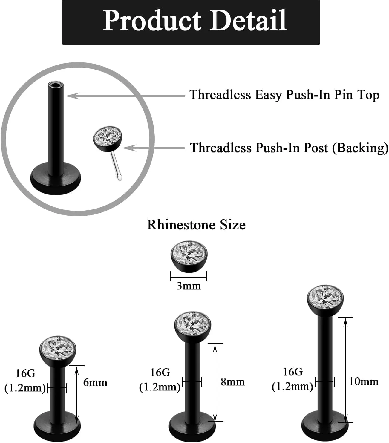 16G 18G Threadless Lip Ring 316L Surgical Steel 6mm 8mm 10mm Labret Jewelry for Tragus, Conch, Helix, Earlobe - Push in Nose Studs CZ Stud Earrings Monroe Piercing Jewelry for Women Men