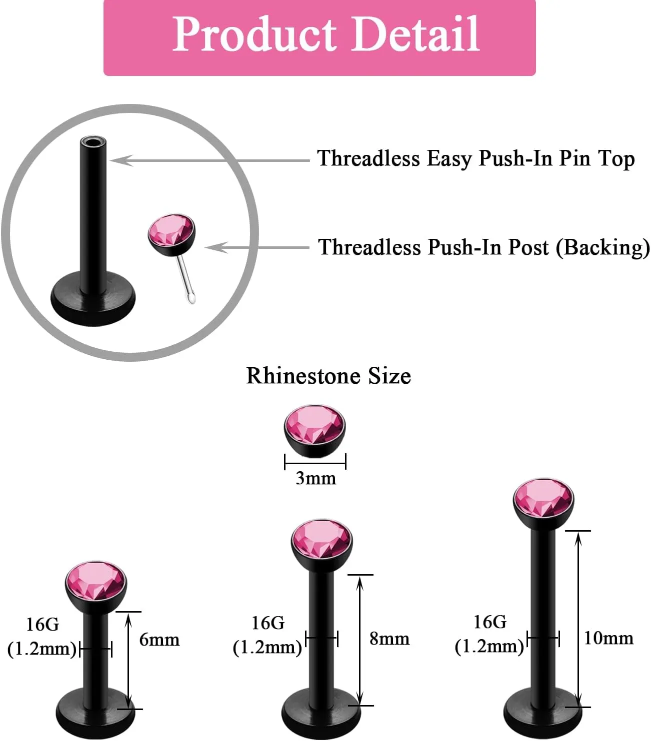 16G 18G Threadless Lip Ring 316L Surgical Steel 6mm 8mm 10mm Labret Jewelry for Tragus, Conch, Helix, Earlobe - Push in Nose Studs CZ Stud Earrings Monroe Piercing Jewelry for Women Men