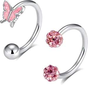16G 2PCs Cute Pink Butterfly Lip Rings, Snake Bite Jewelry for Snake Bites Piecing, Horseshoe Labret Jewelry for Lip Piercing