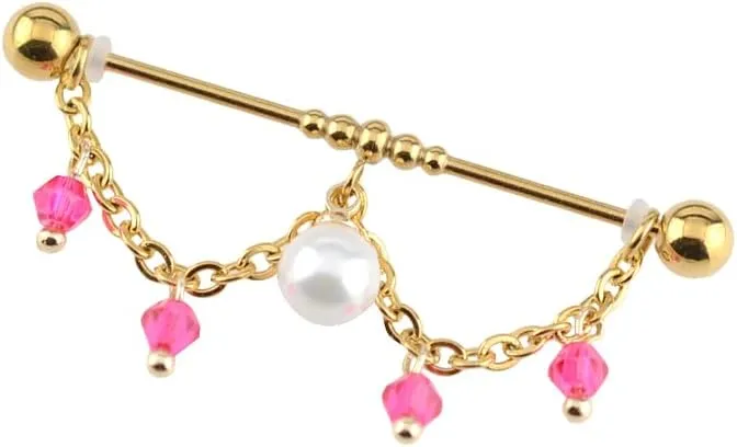 16G Gold Dangle Chain Industrial Piercing Jewelry Surgical Steel With Beads, Dangling Industrial Bar Piercing, Industrial Barbell Jewelry for Women