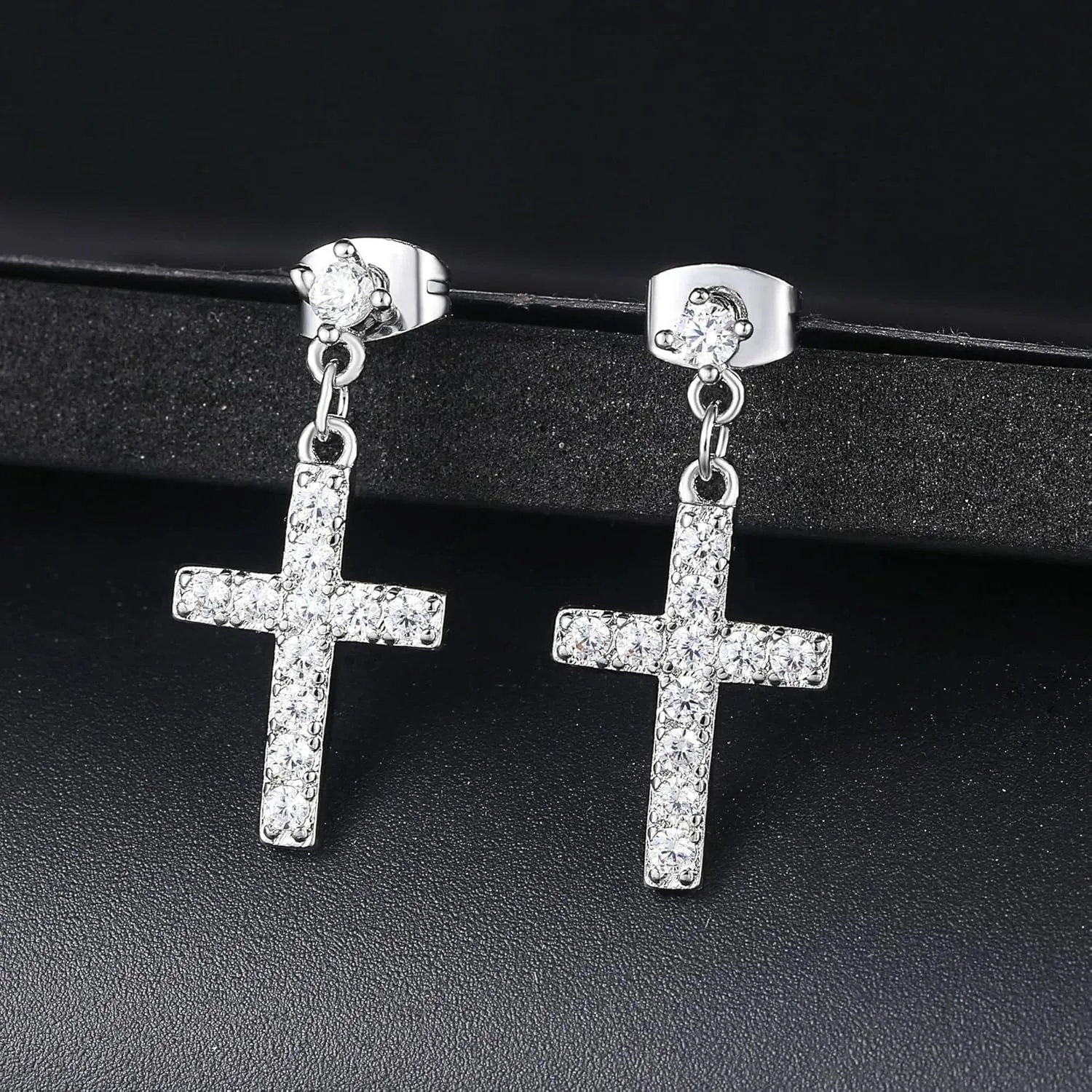 18K White Gold Plated Cubic Zirconia Cross Stud Earrings Tiny Cross Hoop Earrings Dainty Minimalist Faith Cross Dangle Huggie Earrings for Women Jewelry Gift