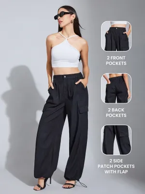 24/7 Comfort Black High-Rise Stretchable Light Weight Denim Cargo Parachute Pants