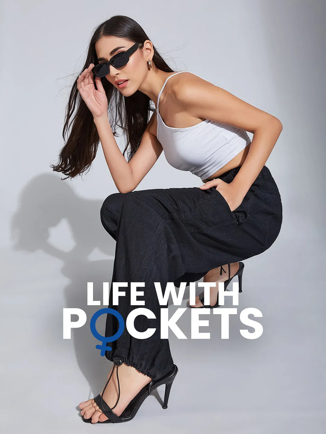24/7 Comfort Black High-Rise Stretchable Light Weight Denim Cargo Parachute Pants