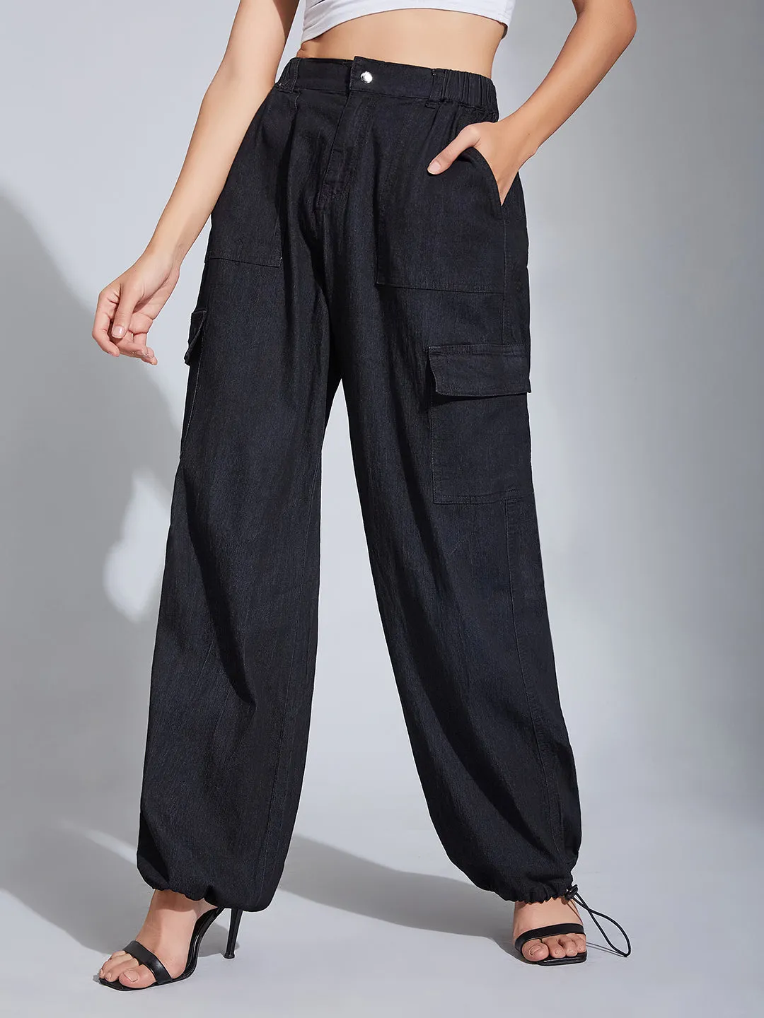 24/7 Comfort Black High-Rise Stretchable Light Weight Denim Cargo Parachute Pants