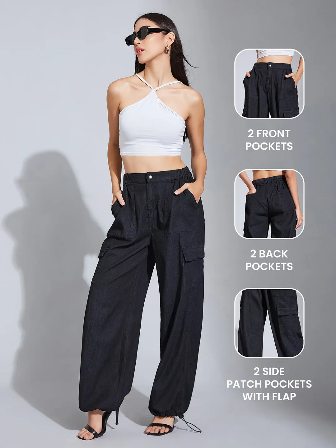 24/7 Comfort Black High-Rise Stretchable Light Weight Denim Cargo Parachute Pants
