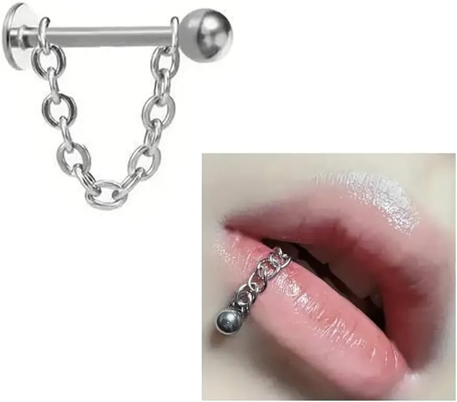 2Pcs 16G Chain Lip Rings Stainless Steel Snake Bite Jewelry Statement Chain Round Ball Spike Lip Studs Body Piercing Jewelry for Women