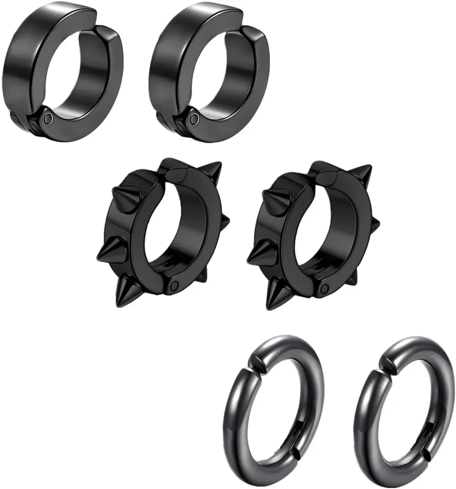 3 Pairs Clip On Non-pierced Hoop Earrings for Men Women Stainless Steel Cartilage Spikes Awl Ear Cuffs Punk Rock Earrings