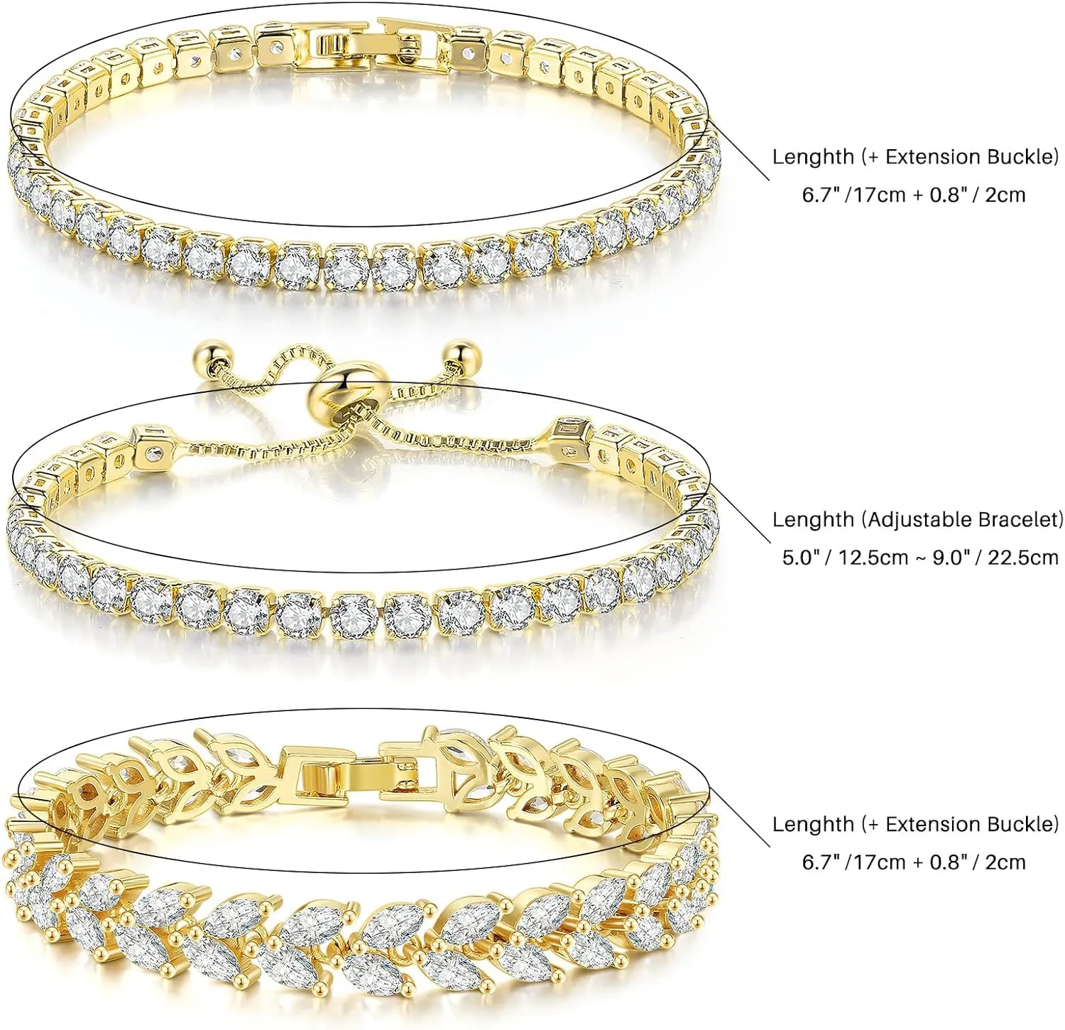 3 Pcs Tennis Bracelet Set 14K Gold Plated Marquise Cubic Zirconia CZ Diamond Dainty Adjustable Silver Bracelets for Women Brides Stackable Fashion Jewelry Wedding Prom Gift