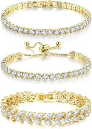 3 Pcs Tennis Bracelet Set 14K Gold Plated Marquise Cubic Zirconia CZ Diamond Dainty Adjustable Silver Bracelets for Women Brides Stackable Fashion Jewelry Wedding Prom Gift