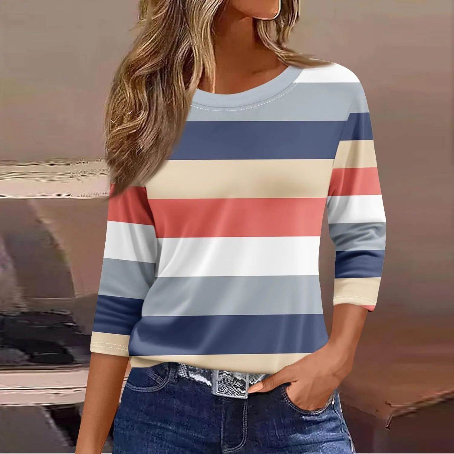 3/4 Length Sleeve Womens Tops Fashion Floral Print Vintage Tshirts 2025 Summer Casual Loose Crew Neck Blouses