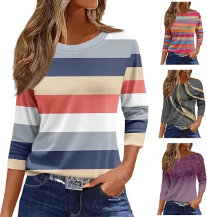 3/4 Length Sleeve Womens Tops Fashion Floral Print Vintage Tshirts 2025 Summer Casual Loose Crew Neck Blouses