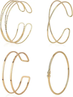 4pcs Gold Arm Cuffs, Minimalist Upper Arm Bracelet Bangle Armlet Adjustable Coil Armband Sets Stackable Geometric Jewelry Accessories for Women Men