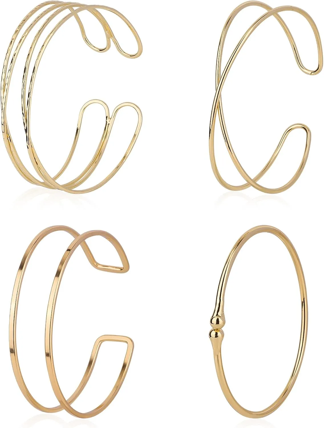 4pcs Gold Arm Cuffs, Minimalist Upper Arm Bracelet Bangle Armlet Adjustable Coil Armband Sets Stackable Geometric Jewelry Accessories for Women Men
