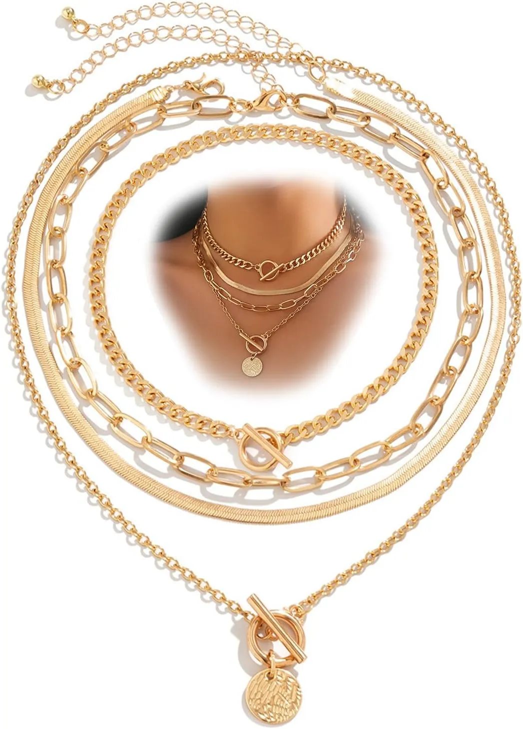 4Pcs Gold Layered Coin Pendant Necklace Set for Women Dainty Double OT Buckle Cuban Chain Choker Disc Snake Link Chain Chunky Jewelry Accessories