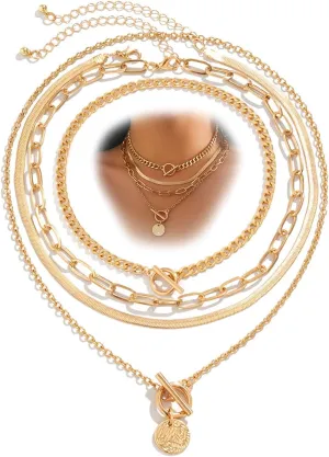 4Pcs Gold Layered Coin Pendant Necklace Set for Women Dainty Double OT Buckle Cuban Chain Choker Disc Snake Link Chain Chunky Jewelry Accessories