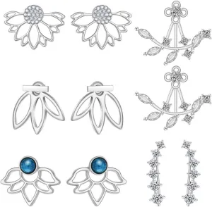 5 Pairs Lotus Flower Earrings Jackets for Women Multiple Dainty Chic Ear Jacket Stud Earring Set (Silver)