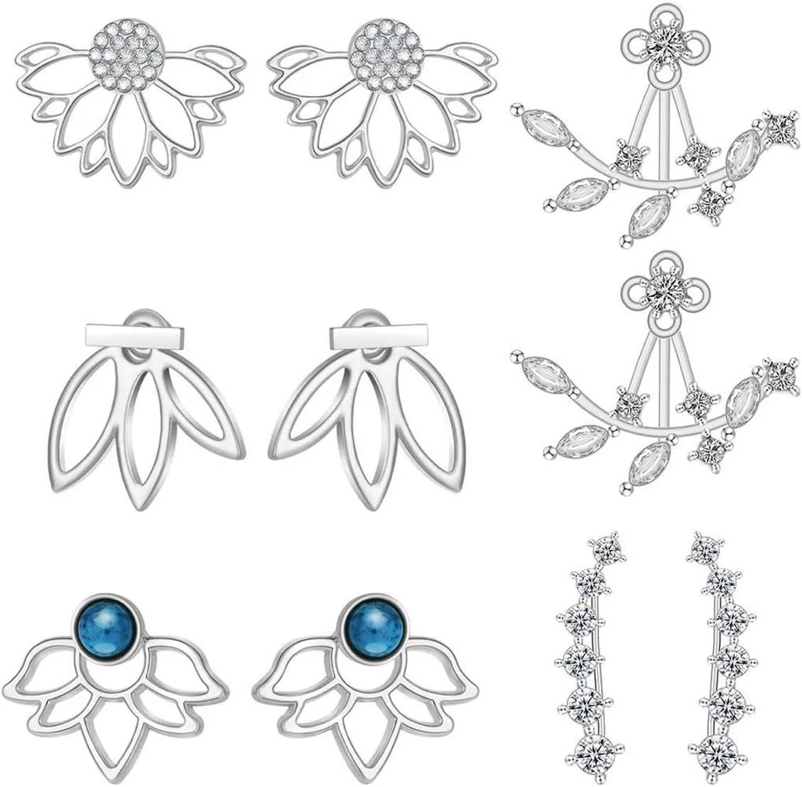 5 Pairs Lotus Flower Earrings Jackets for Women Multiple Dainty Chic Ear Jacket Stud Earring Set (Silver)