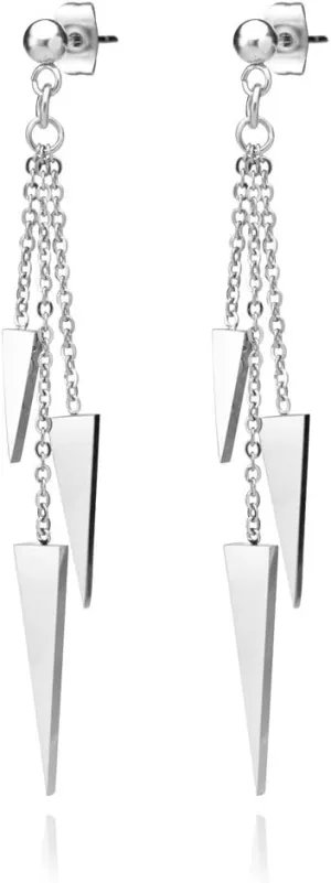 555Jewelry Womens Stainless Steel Triple Triangle Dangle Stylish Chain Chandelier Edgy Drop Post Stud Push Back Ladies Party Jewelry Fashion Accessory Earrings, Silver