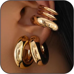 5Pcs Ear Cuff Earrings Statement Gold Round Huggie Hoop, Chunky Big Silver Clip On Non Piercing Cuff Earring for Women Charm Thick Trendy Party Jewelry Gift
