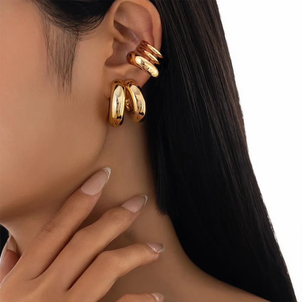 5Pcs Ear Cuff Earrings Statement Gold Round Huggie Hoop, Chunky Big Silver Clip On Non Piercing Cuff Earring for Women Charm Thick Trendy Party Jewelry Gift