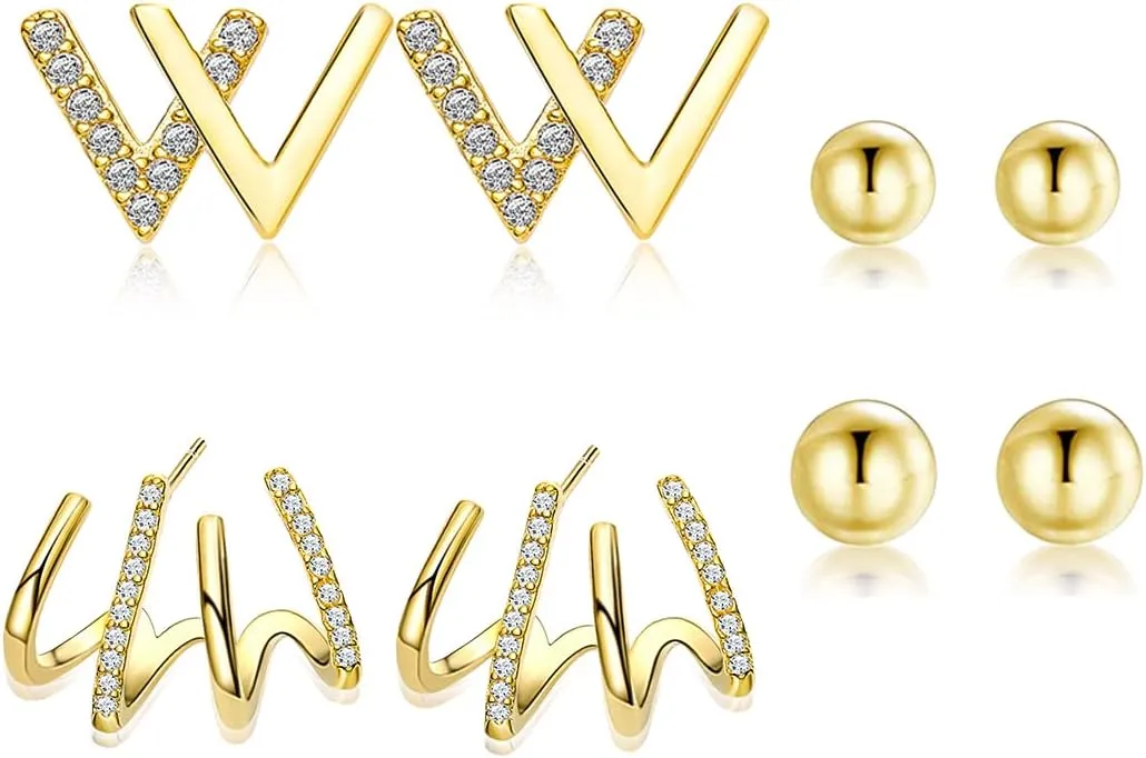 8 Pairs Silver Gold Climber Claw Studs Earrings Set for Look-like Multiple Piercing 14K Gold Plated Ear Cuff Studs Huggie Wrap Earrings for Women Small Ball Stud Zircon Gold Hoops Jewelry
