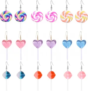 9 Pairs Lovely Resin Lollipop Earrings Multicolor Candy Dangle Earrings For Women Heart Round Funny Sweet lolly Eardrop Party Jewelry