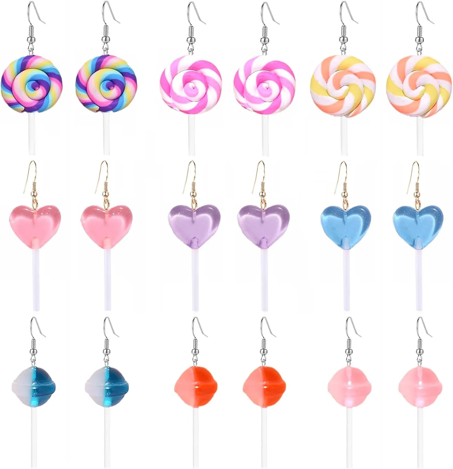 9 Pairs Lovely Resin Lollipop Earrings Multicolor Candy Dangle Earrings For Women Heart Round Funny Sweet lolly Eardrop Party Jewelry