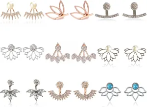 9 Pairs Rose Gold Silver Hollow Lotus Flower Earrings Simple Chic Crystal Pearl Turquoise Stud Earrings Set