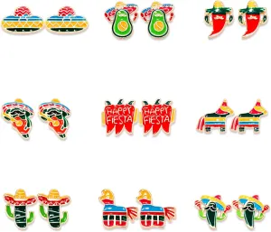 9/12 Pairs Cinco De Mayo Earrings Mexican Fiesta Stud Earrings for Women Girls, Colorful Sombrero Pinata Chili Cactus Avocado Stud Earrings Mexican Holiday Gifts