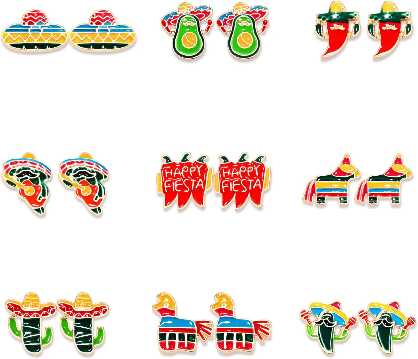 9/12 Pairs Cinco De Mayo Earrings Mexican Fiesta Stud Earrings for Women Girls, Colorful Sombrero Pinata Chili Cactus Avocado Stud Earrings Mexican Holiday Gifts