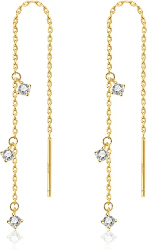 925 Sterling Silver 14K Gold Plated Chain Dangle Earrings, ALEXCRAFT Tassel Dangling Long Drop Earring for Trendy Women Fringe Earings Cubic Zirconia Hypoallergenic
