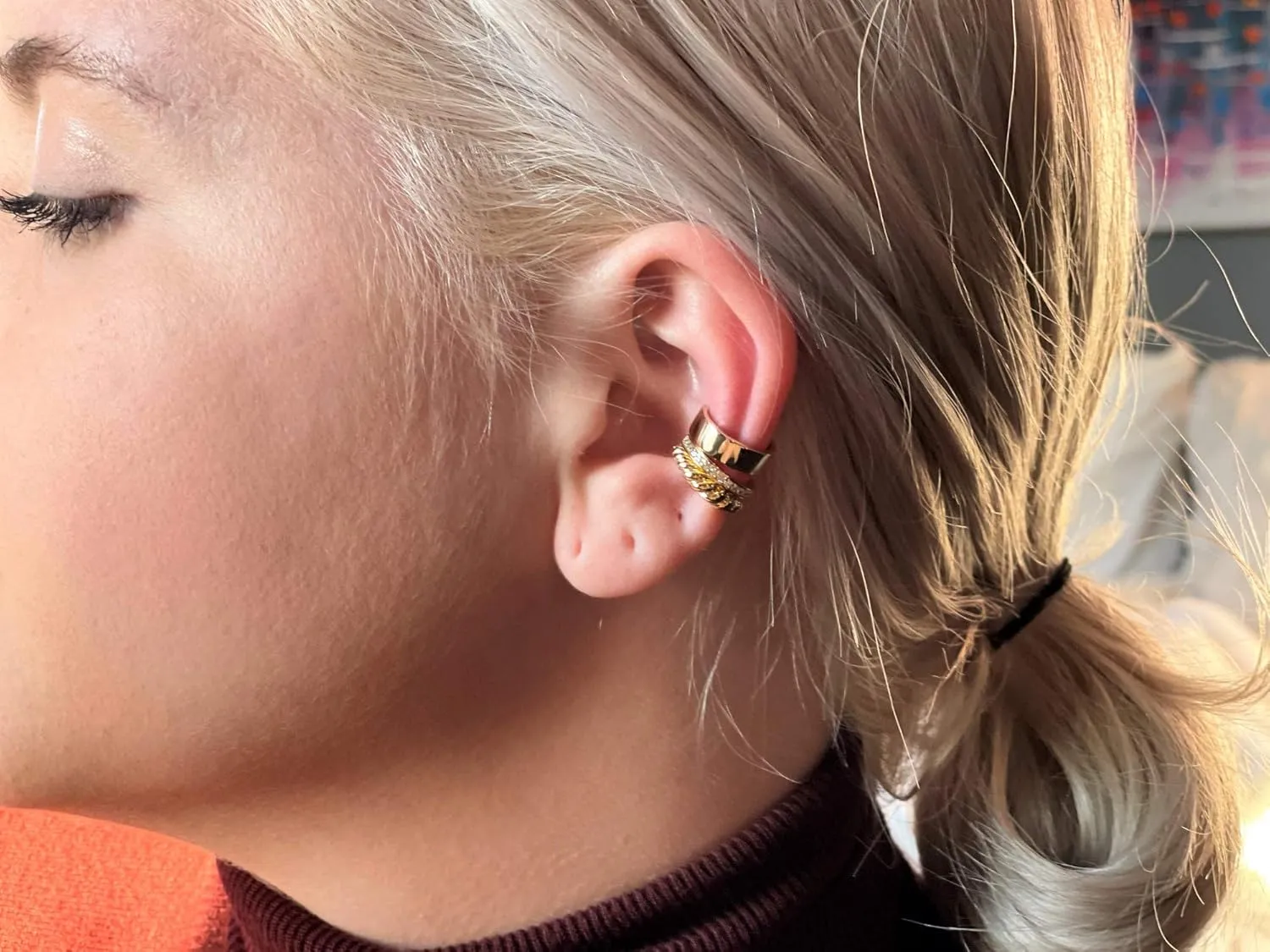 925 Sterling Silver 18K Gold Plated Huggie Ear Cuff for Women | Clip on Cartilage | Set of Three Ear Wraps