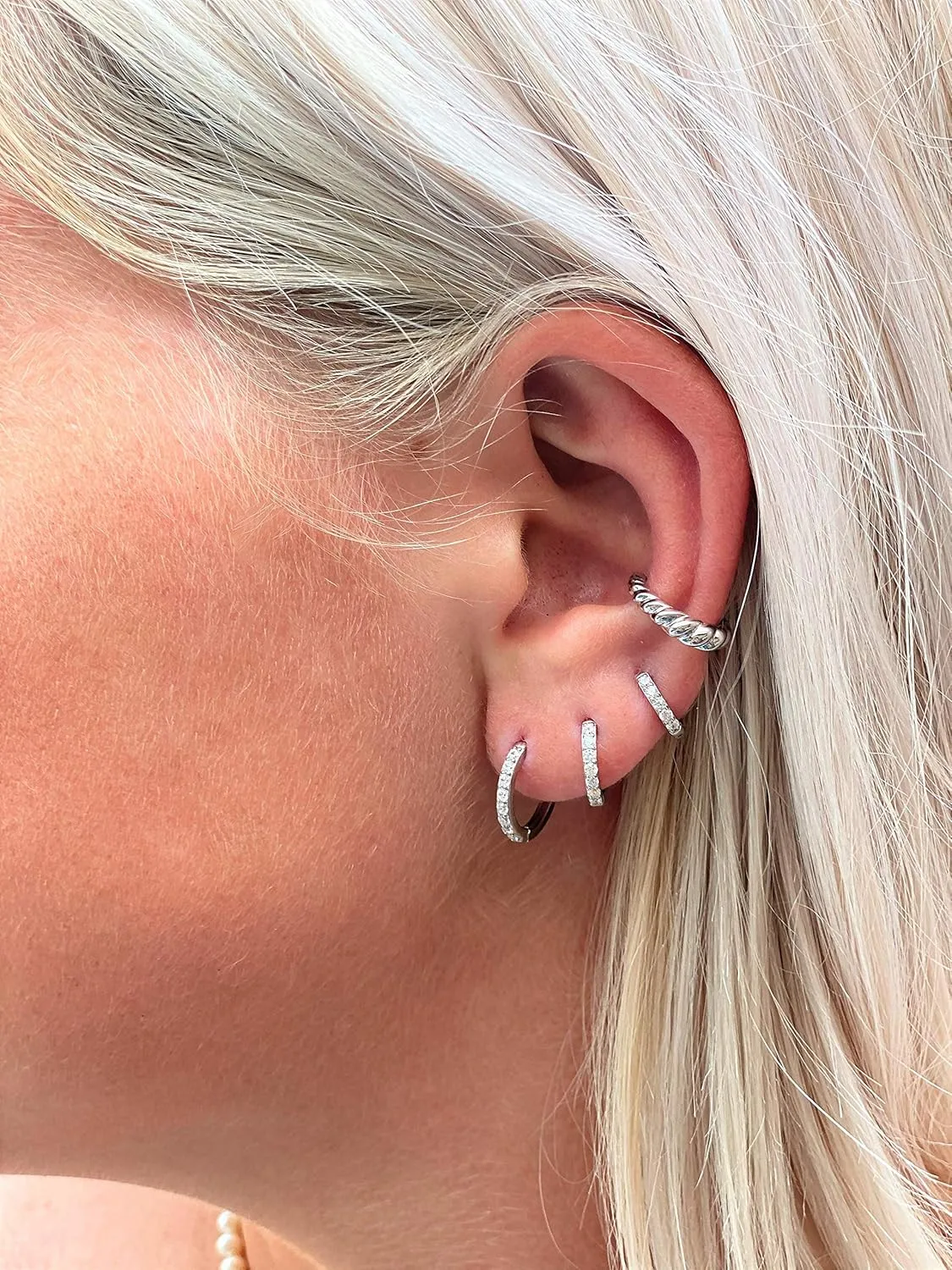 925 Sterling Silver 18K Gold Plated Huggie Ear Cuff for Women | Clip on Cartilage | Set of Three Ear Wraps