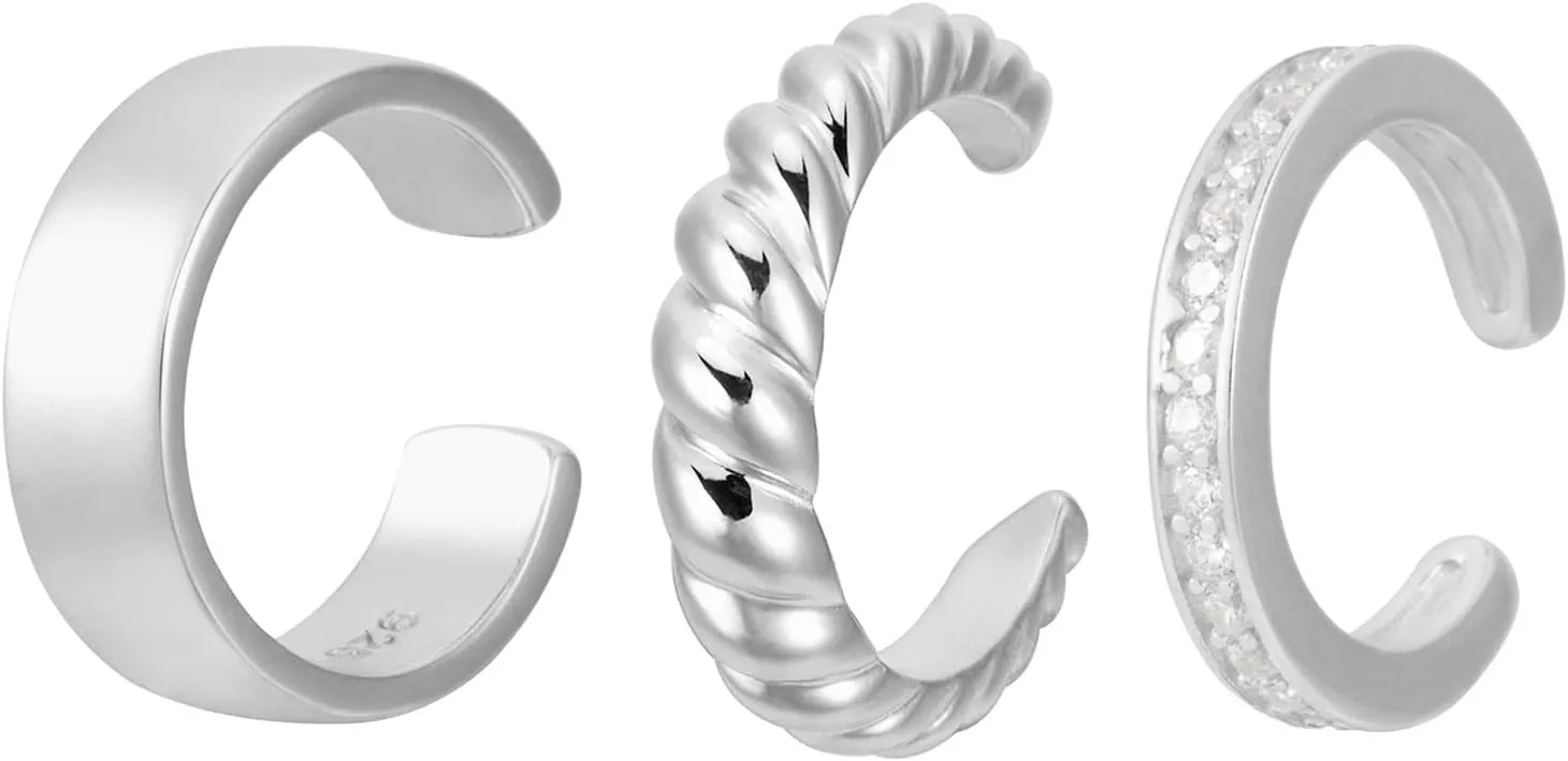 925 Sterling Silver 18K Gold Plated Huggie Ear Cuff for Women | Clip on Cartilage | Set of Three Ear Wraps