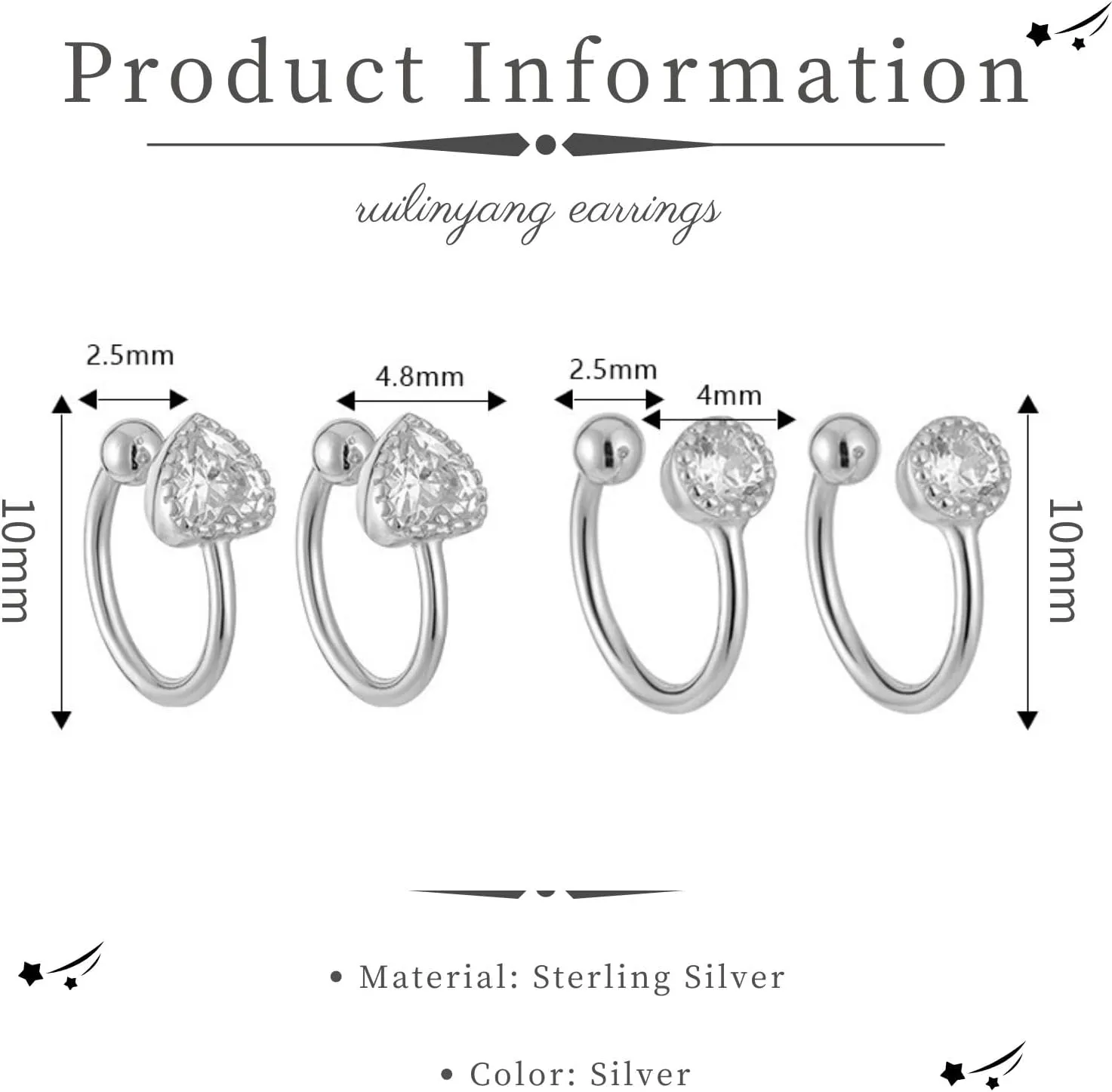 925 Sterling Silver Cubic Zirconia Ear Cuff for Women, Minimalist Ear Cuffs Earrings, Non Pierced Heart Earring Cuff