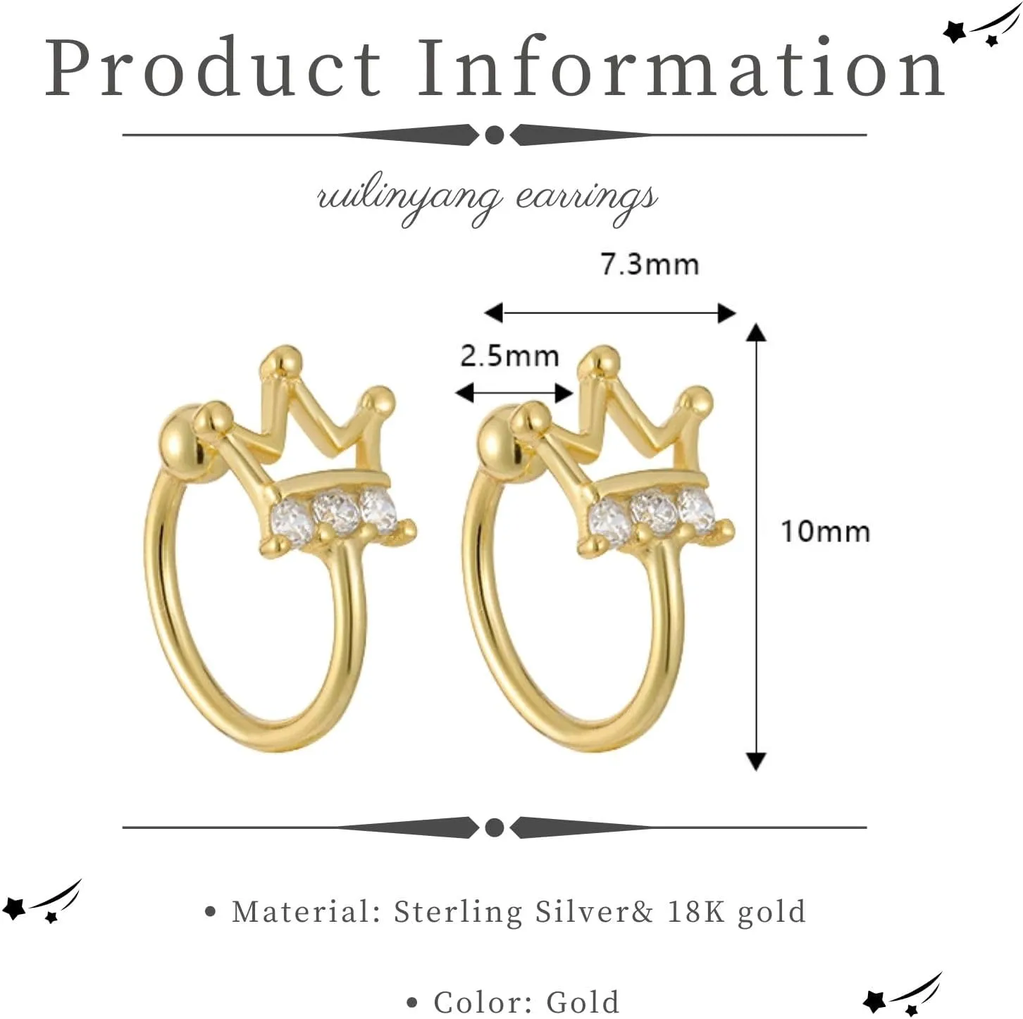 925 Sterling Silver Ear Cuff for Women, 18K Gold Crown Ear Cuffs Earrings, Non Pierced Hollow Crown Earring Cuff