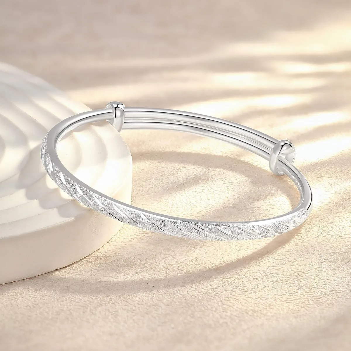925 Sterling Silver Plated Classical Diamond Cut Adjustable Bangle Set Bracelet for Women