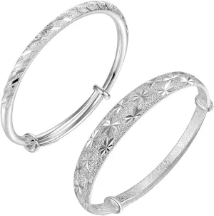 925 Sterling Silver Plated Classical Diamond Cut Adjustable Bangle Set Bracelet for Women