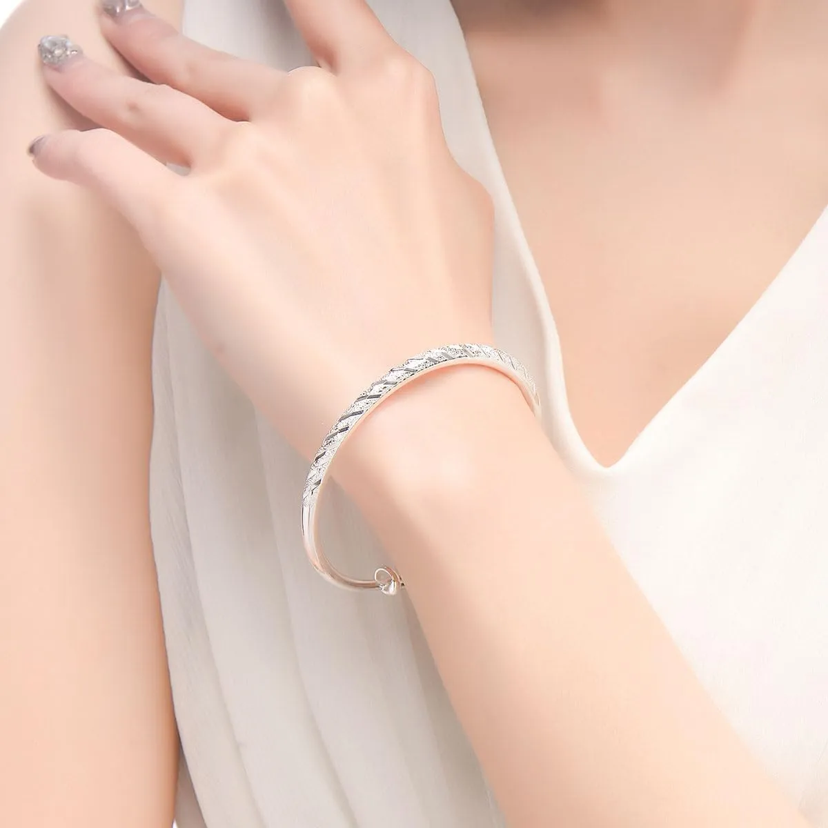 925 Sterling Silver Plated Classical Diamond Cut Adjustable Bangle Set Bracelet for Women