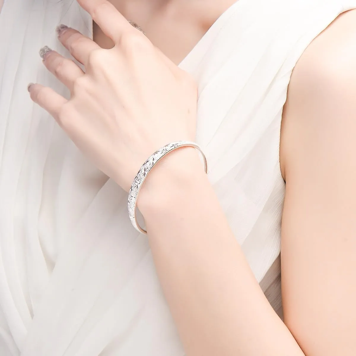 925 Sterling Silver Plated Classical Diamond Cut Adjustable Bangle Set Bracelet for Women