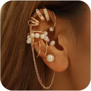9Pcs Ear Cuff Pearl Earrings for Women Dainty 14K Gold Ear Cuffs Non Piercing Earrings Chunky Charm Non Piercied Pearls Ear Jewelry Accessories Gifts