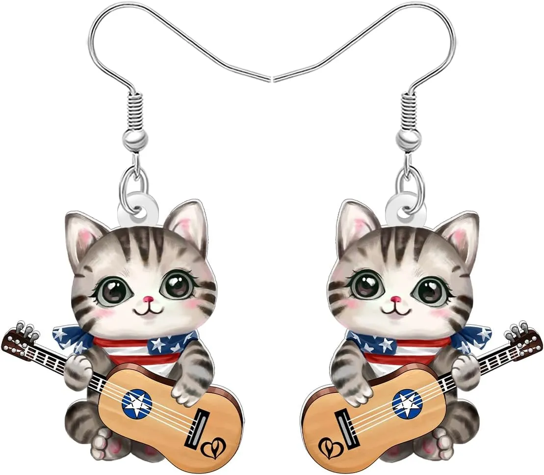 Acrylic Cute 4th of July Tabby Cat Earrings Funny American Flag Scarf Patriotic Earrings Dangle Kitten Guitar Jewelry Outfit Gifts for Women Cat Mom Music Lovers