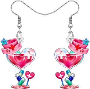 Acrylic Funny Nurse Cap with Pill Heart Goblet Design Earrings Cute Appreciation Dangle Jewelry Nurse Gifts for Women Doctor RN Nursing Graduation Accessories