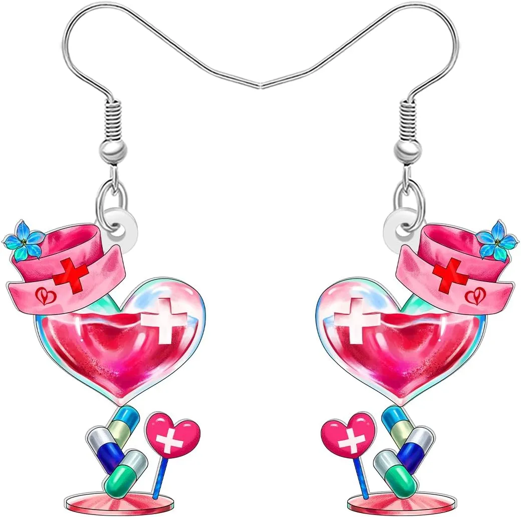 Acrylic Funny Nurse Cap with Pill Heart Goblet Design Earrings Cute Appreciation Dangle Jewelry Nurse Gifts for Women Doctor RN Nursing Graduation Accessories