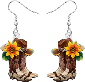 Acrylic Funny Western Cowboy Cowgirl Hat Boots Dangle Earrings Cute Bohemian Country Music Jewelry Accessories Outfit Gifts for Women Rodeo Charms